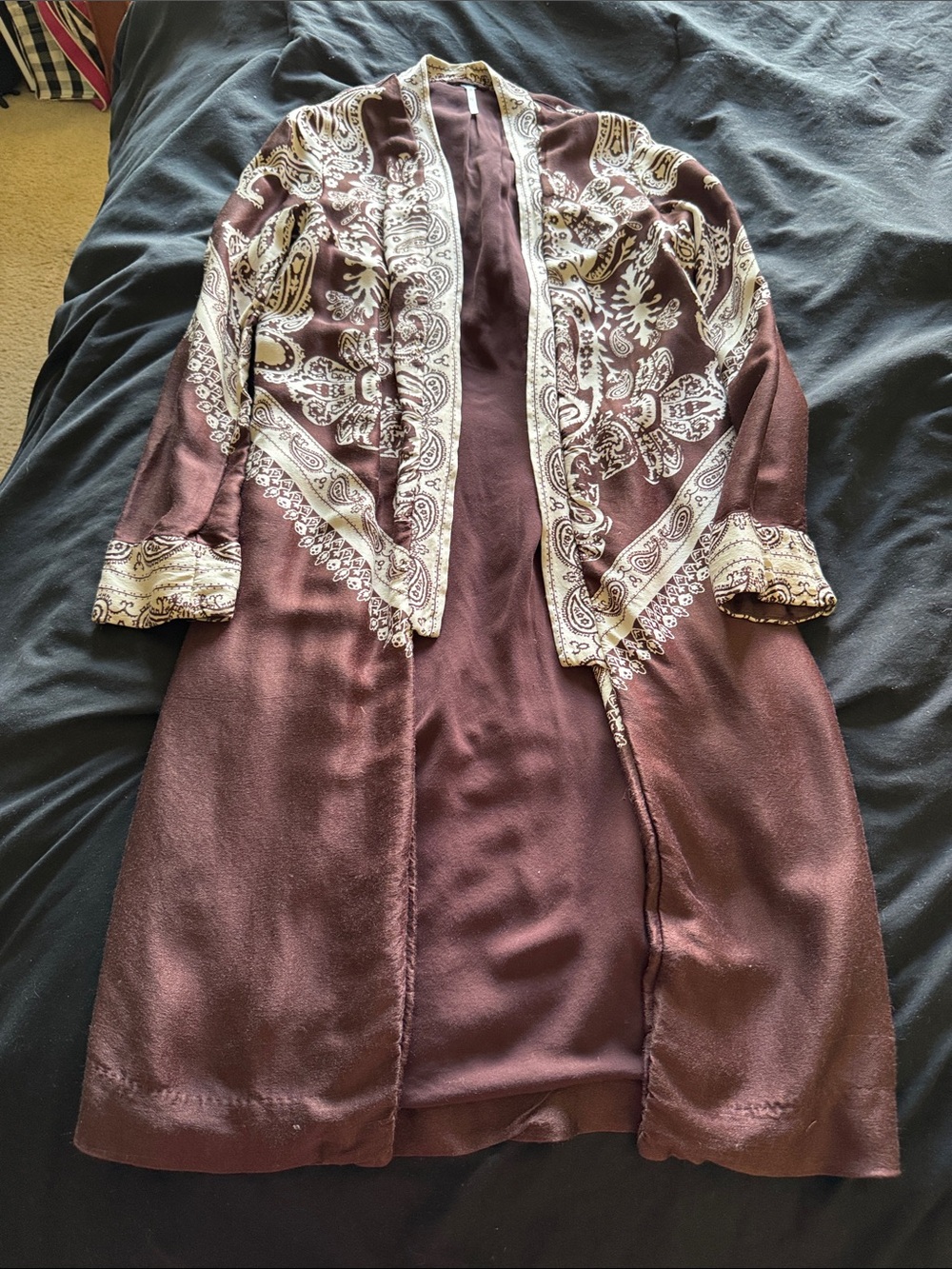 Free People Maroon Robe with Cream Paisley Trim